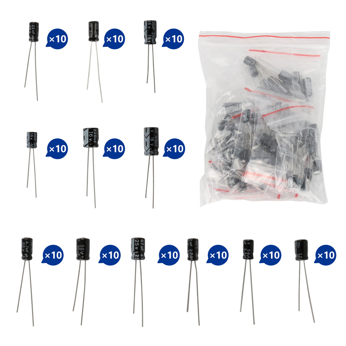 Sada elektrolytických kondenzátorů 1µF–470µF (120 ks, 12 hodnot) v organizéru