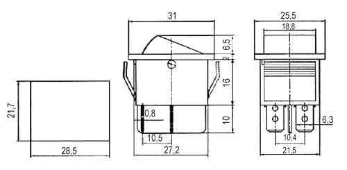 Přepínač kolébkový 2pol./4pin ON-OFF 250V/15A červený