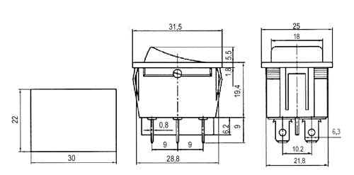 Přepínač kolébkový 2pol./6pin ON-ON 250V/15A černý