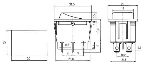Přepínač kolébkový 3pol./6pin ON-OFF-ON 250V/15A černý