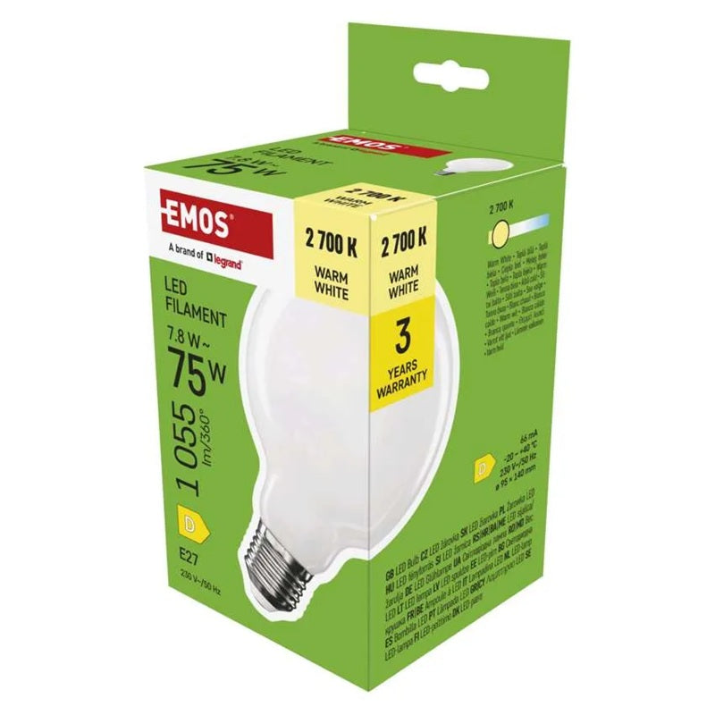 Žárovka Filament LED E27 7,8W G95 bílá teplá EMOS ZF2D52 (75W)