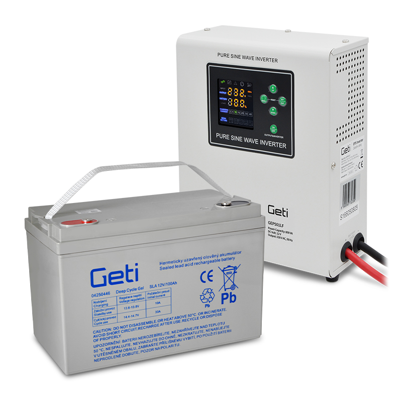 Zdroj záložní GETI GEP501LF sinus 500W nástěnný + baterie 100Ah