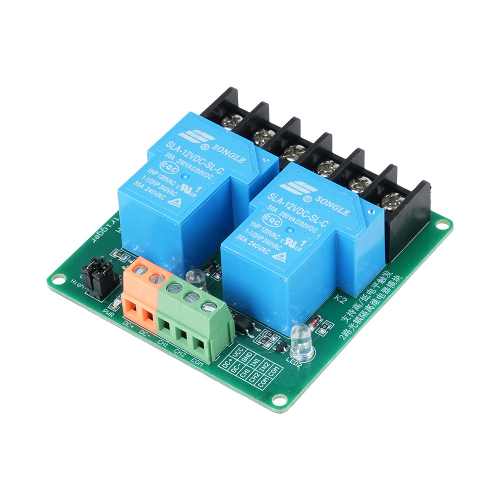 Modul dvoukanálového relé 12V 30A s optoelektronickou izolací, volitelná úroveň spínání