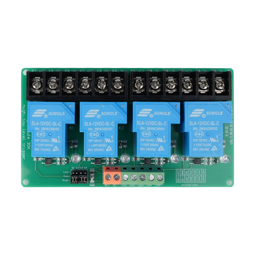 Modul čtyřkanálového relé 12V 30A s optoelektronickou izolací, volitelná úroveň spínání
