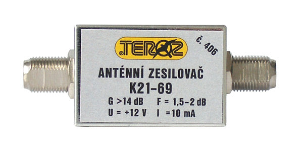 Anténní zesilovač TEROZ 406X, nízkošumový, UHF, G14dB, F1,5dB, U98dBµV, F-F