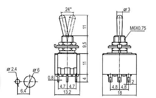 Přepínač páčkový    3pol./9pin  ON-OFF-ON 12V