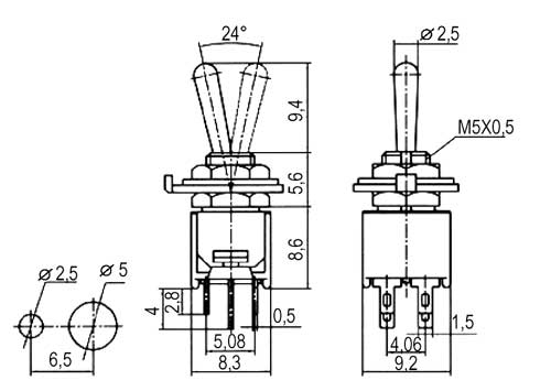 Přepínač páčkový     3pol./6pin  ON-OFF-ON mini