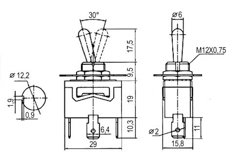 Přepínač páčkový  2pol./3pin ON-ON  250V/10A