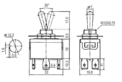 Přepínač páčkový  2pol./6pin  ON-ON 250V/10A