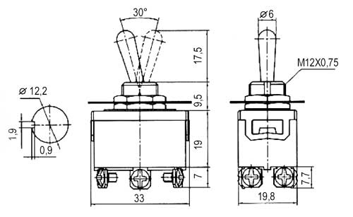 Přepínač páčkový  2pol./6pin  ON-ON 250V/10A šroub.