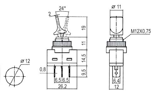 Přepínač páčkový   2pol./3pin  ON-OFF 12VDC prosv. zelený