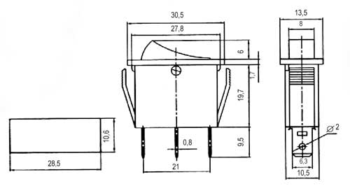 Přepínač kolébkový    2pol./3pin  ON-OFF 250V/15A pros. červený