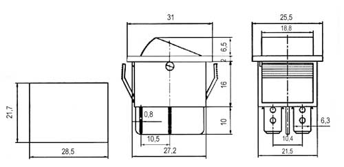 Přepínač kolébkový  2pol./4pin  ON-OFF 250V/15A pros. červený