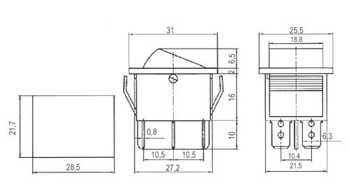 Přepínač kolébkový   3pol./6pin  ON-OFF-ON 250V/15A pros. červený