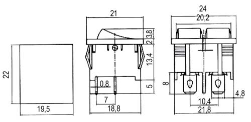 Přepínač kolébkový     2x(2pol./2pin)  ON-OFF dvojitý černý  O-I  12V