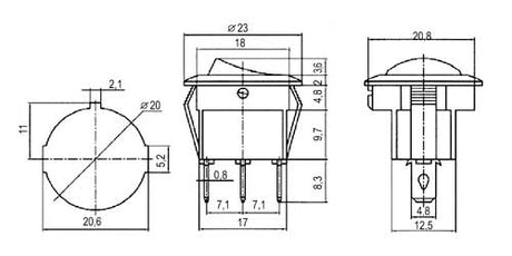 Přepínač kolébkový kul. pros.  2pol./3pin  ON-OFF 250V/6A červený