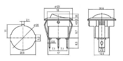 Přepínač kolébkový kul. pros.  2pol./3pin  ON-OFF 250V/6A zelený
