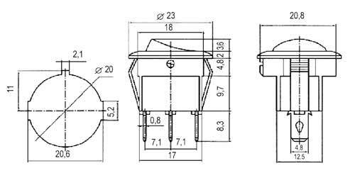 Přepínač kolébkový kul.  3pol./3pin ON-OFF-ON 250V/6A černý