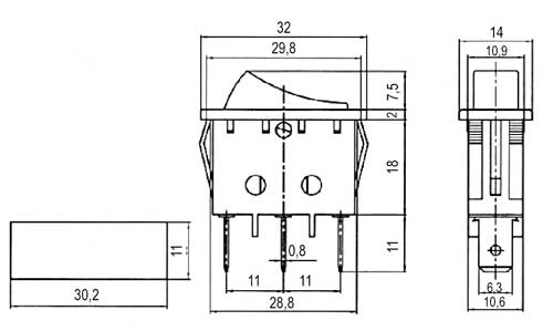 Přepínač kolébkový    2pol./3pin  ON-ON 250V/15A černý
