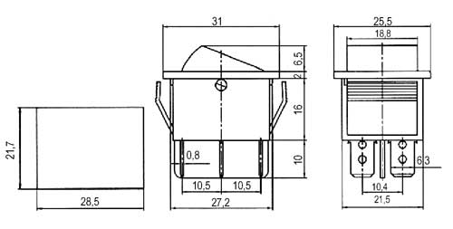 Přepínač kolébkový   2pol./6pin  ON-ON 250V/15A červený
