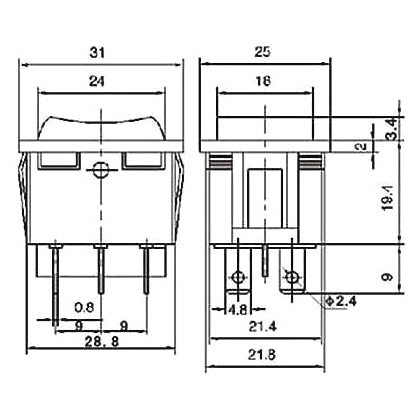 Přepínač kolébkový   3pol./6pin  (ON)-OFF-(ON) 250V/15A černý
