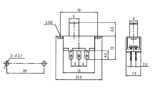 Přepínač šoupátkový-střední 2pol./6pin ON-ON (12V)