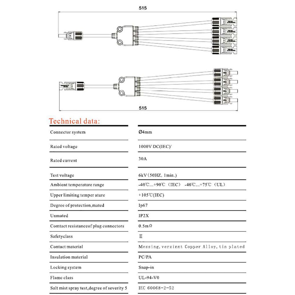 Kabel TIPA MC4 rozbočení 1x konektor/ 4x zdířka 30cm