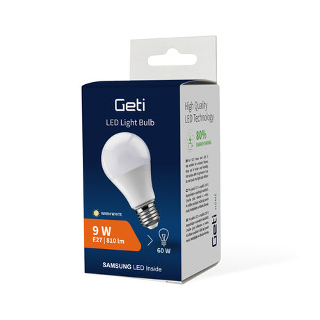 Žárovka LED E27  9W A60 bílá teplá GETI SAMSUNG čip
