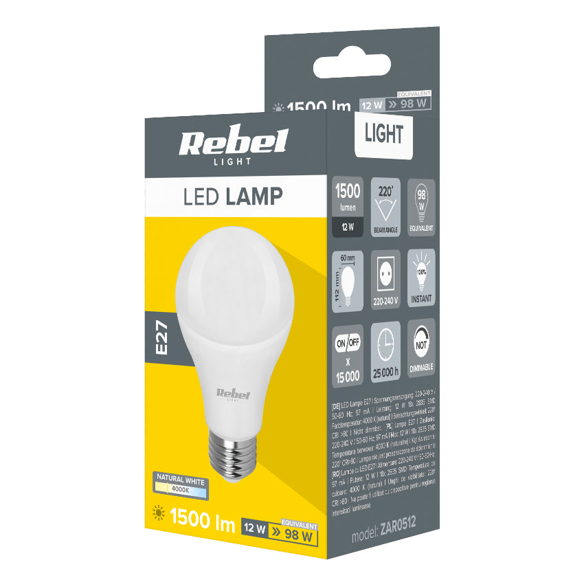 Žárovka LED E27 12W A60 bílá přírodní REBEL ZAR0512