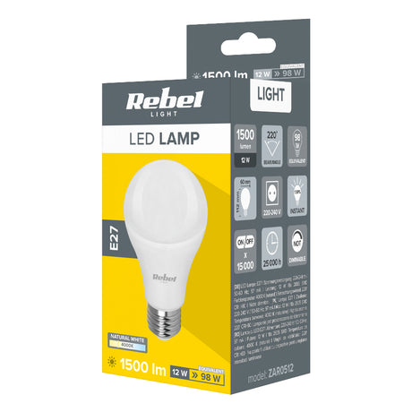Žárovka LED E27 12W A60 bílá přírodní REBEL ZAR0512