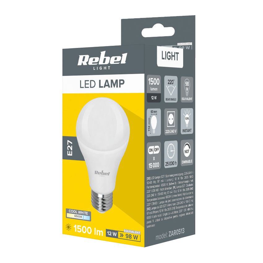 Žárovka LED E27 12W A60 bílá studená REBEL ZAR0513