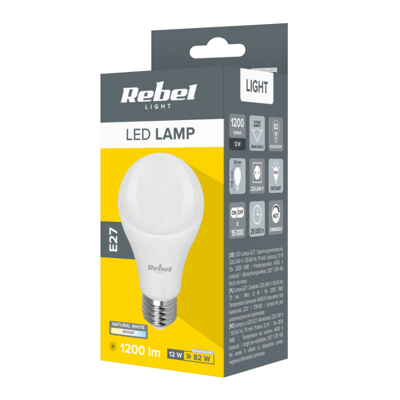 Žárovka LED E27 12W A60 bílá přírodní REBEL ZAR0564