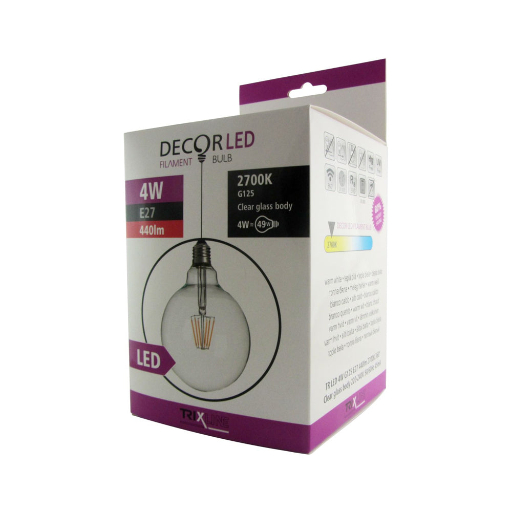 Žárovka Filament LED E27 4W G125 bílá teplá TRIXLINE P484