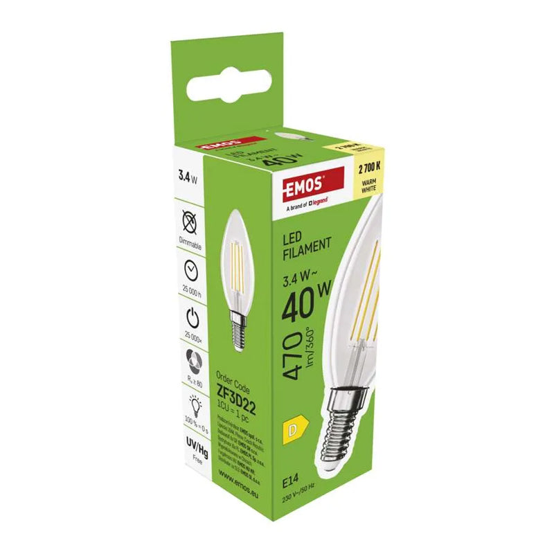 Žárovka Filament LED E14 3,4W bílá teplá EMOS ZF3D22