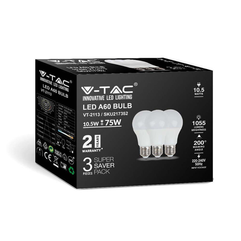 Žárovka LED E27 10,5W A60 bílá teplá V-TAC VT-2113 3ks
