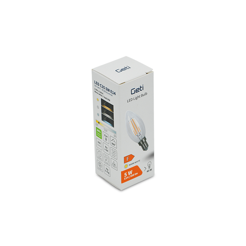 Žárovka LED E14 5W C35 bílá teplá filamentová svíčka GETI