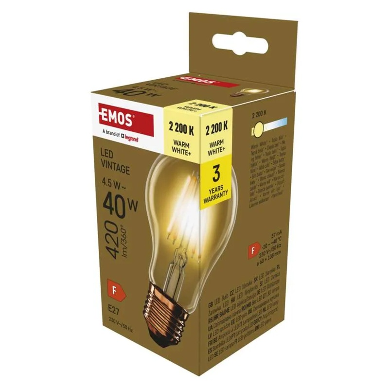 Žárovka LED E27 4,5W A60 bílá teplá EMOS Z55032 Vintage