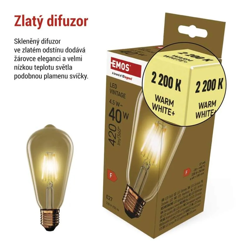 Žárovka LED E27 4,5W ST64 bílá teplá EMOS Z57032 Vintage