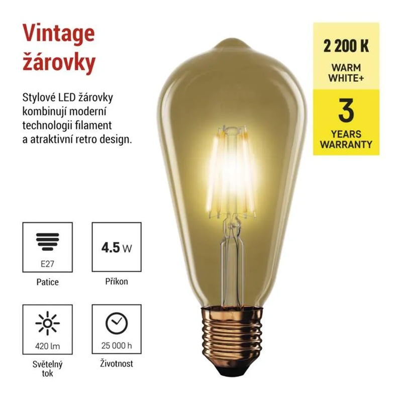 Žárovka LED E27 4,5W ST64 bílá teplá EMOS Z57032 Vintage