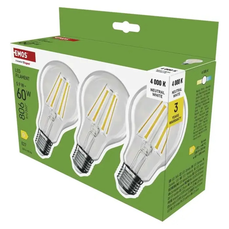 Žárovka Filament LED E27 5,9W bílá přírodní EMOS ZF5D43.3 sada 3ks