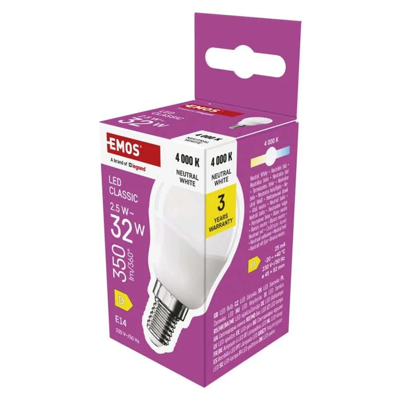 Žárovka LED E14 2,5W Classic Mini Globe bílá přírodní EMOS ZQ1D13