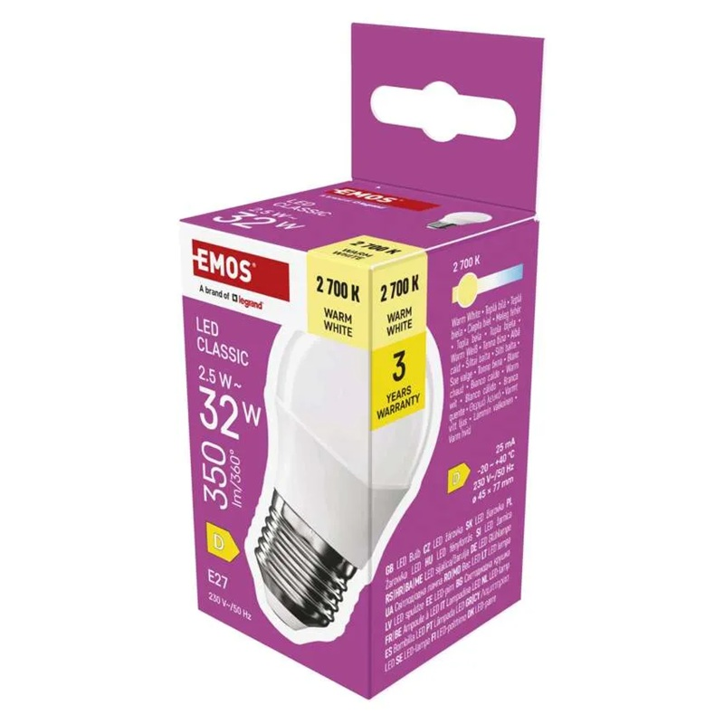 Žárovka LED E27 2,5W Classic Mini Globe bílá teplá EMOS ZQ6D11