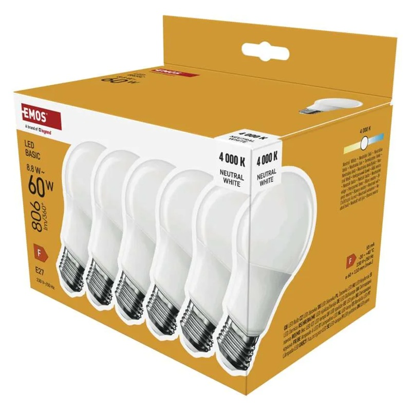 Žárovka LED E27 8,8W A60 bílá přírodní EMOS ZL5F48.6 6ks