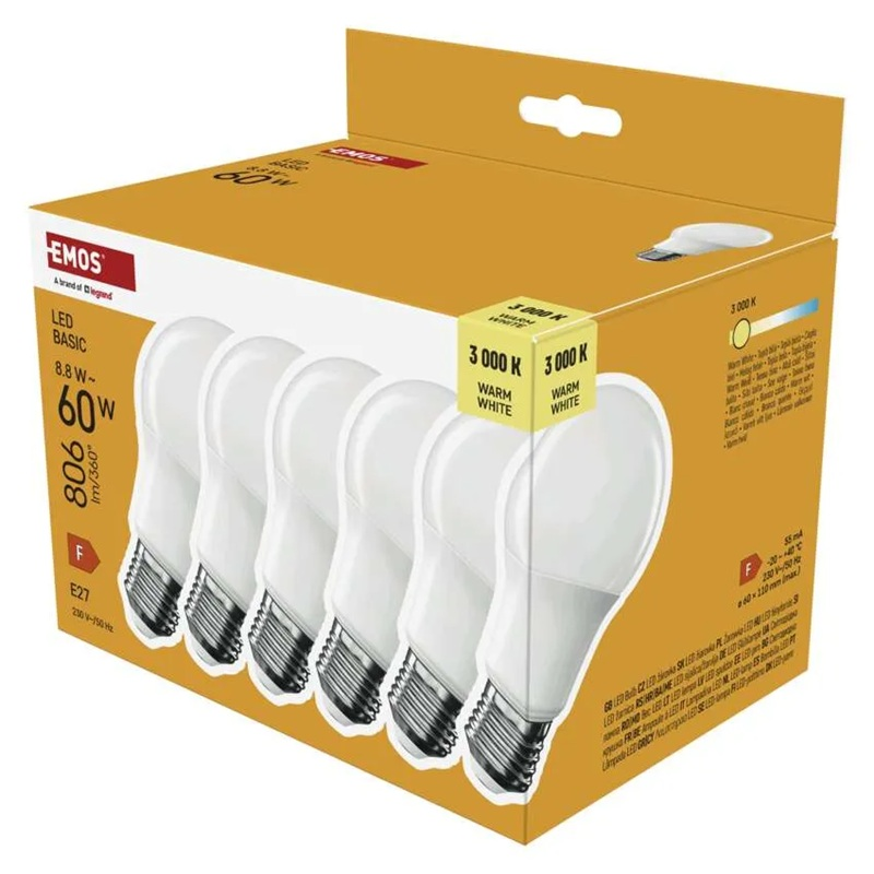 Žárovka LED E27 8,8W A60 bílá teplá EMOS ZL5F47.6 6ks
