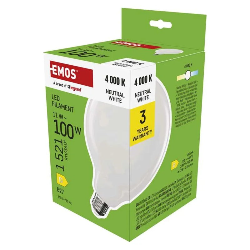 Žárovka Filament LED E27 11W G125 bílá přírodní EMOS ZF2D63 (100W)