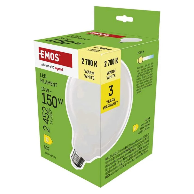 Žárovka Filament LED E27 18W G125 bílá teplá EMOS ZF2D82 (150W)