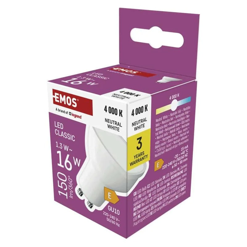 Žárovka LED GU10 1,3W MR16 bílá přírodní EMOS ZQ8EL3