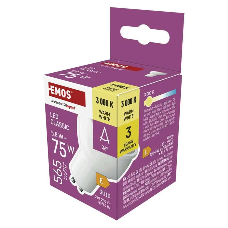 Žárovka LED GU10 5,8W MR16 bílá teplá EMOS ZQ8E32N