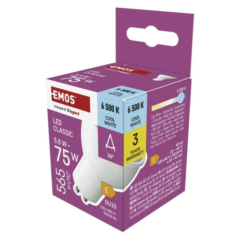 Žárovka LED GU10 5,8W MR16 bílá teplá EMOS ZQ8E34N