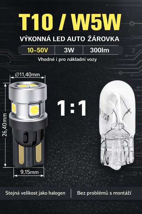 Autožárovka LED T10 9-50V CARCLEVER 952035cb 6LED/3030SMD CAN-Bus bílá 2ks